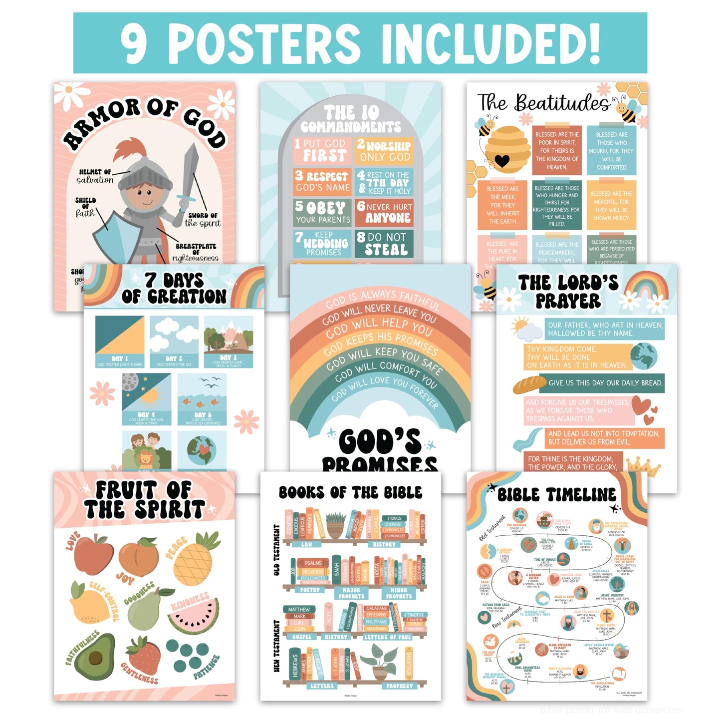 Hadley Designs Sunday School Decorations for Classroom –9 Bible Posters for Kids, Books of the Bible, 10 Commandments, Bible Timeline Chart, Fruits of the Spirit, Retro Christian Classroom Decor