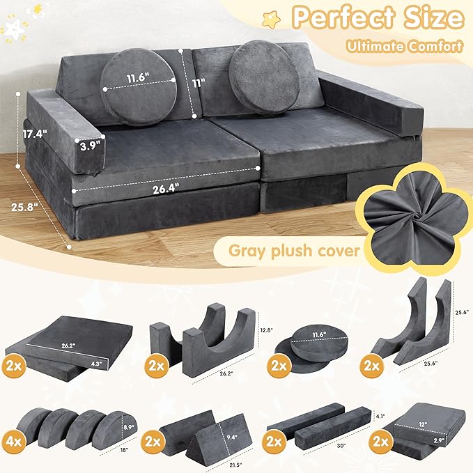 JY QAQA 18Pcs Modular Kids Play Couch Set, Toddler Sectional Sofa