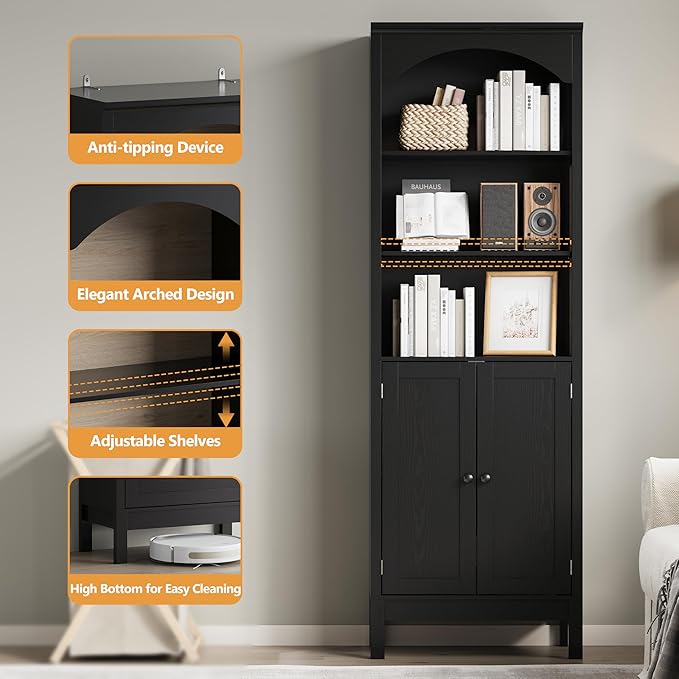 Bookshelf with Doors, Floor Standing Display Storage Cabinet