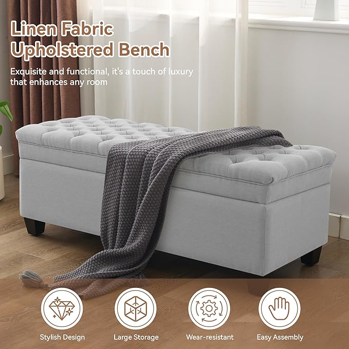 WUTUTUEE 51" Fabric Storage Ottoman Bench, Upholstered Rectangle End of Bed
