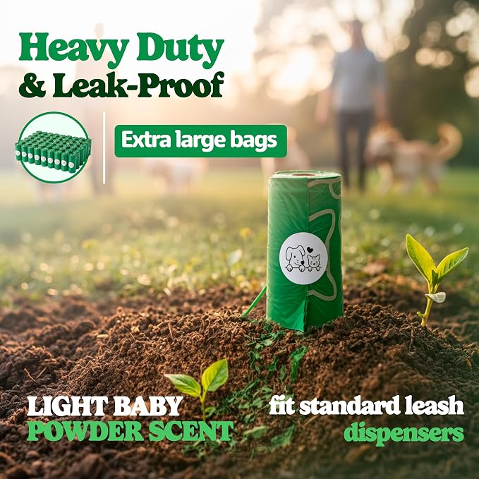 Dog Poop Bags, Light Baby Powder Scent, 60 Count (4 Rolls), Certified Compostable Cornstarch Blend - ASTM D6400 & EN 13432, Extra Thick, Leak-Proof, 9x13 Inch for Dogs & Cats