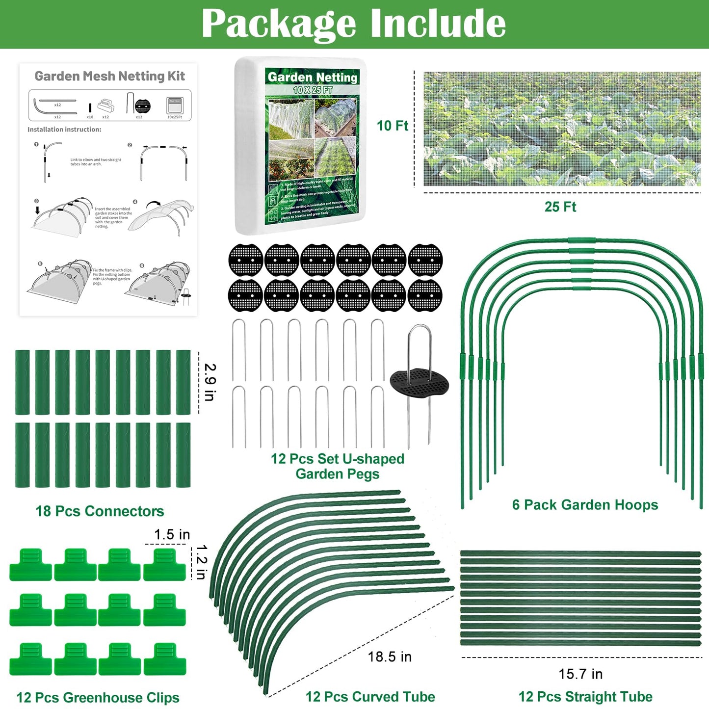 Unves 67 Pcs Garden Netting Kit, 10x25 Ft Ultra Mosquito Bird Netting with 6 Hoops & 12 Clips, Fruit Tree Netting for Patio Raised Beds Vegetable Flowers Protection Barrier Plant Covers Net