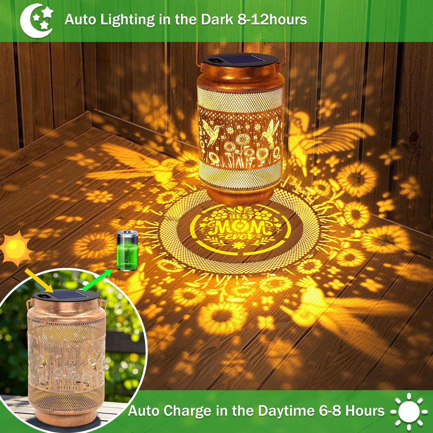 Gifts for Mom Women Grandma Birthday, Solar Lanterns Outdoor Waterproof Hummingbird Garden Decor, Metal Hanging Solar Lights for Outside Yard Patio Pathway Backyard