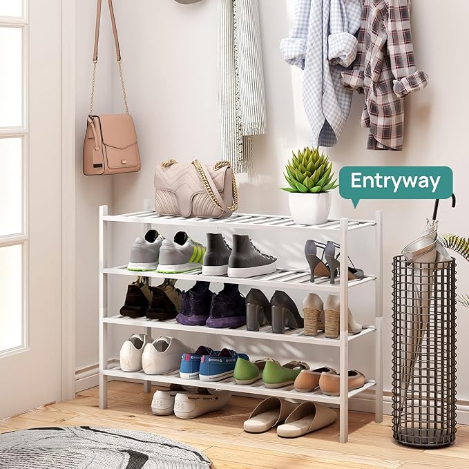viewcare White 4-Tier Long Shoe Rack, Bamboo Wood
