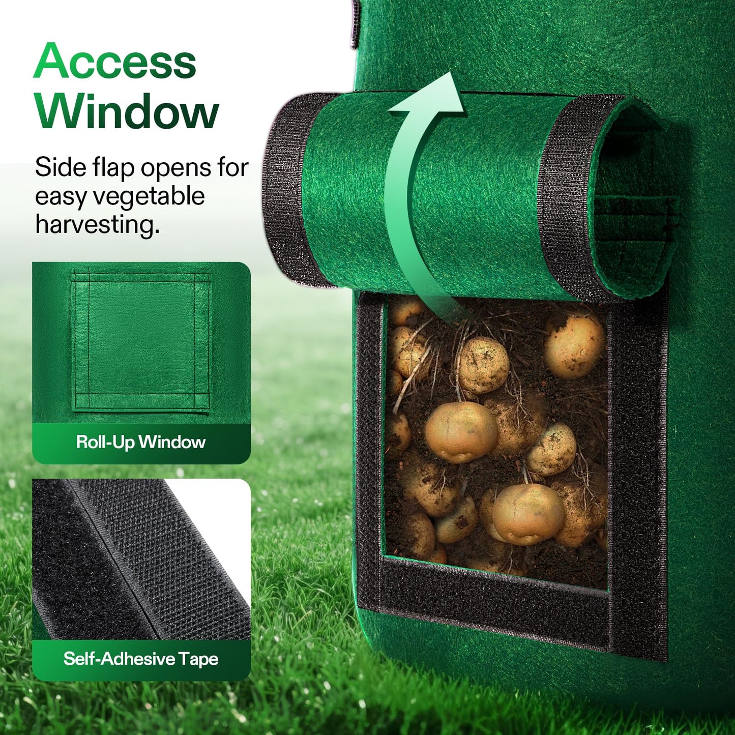 VIVOSUN 5-Pack 7 Gallon Potato Grow Bags for Growing Potatoes, Fabric Potato Pots with Handle and Roll-up Window, Potato Growing Containers Potato Planter Potato Planter for Growing Potatoes, Green