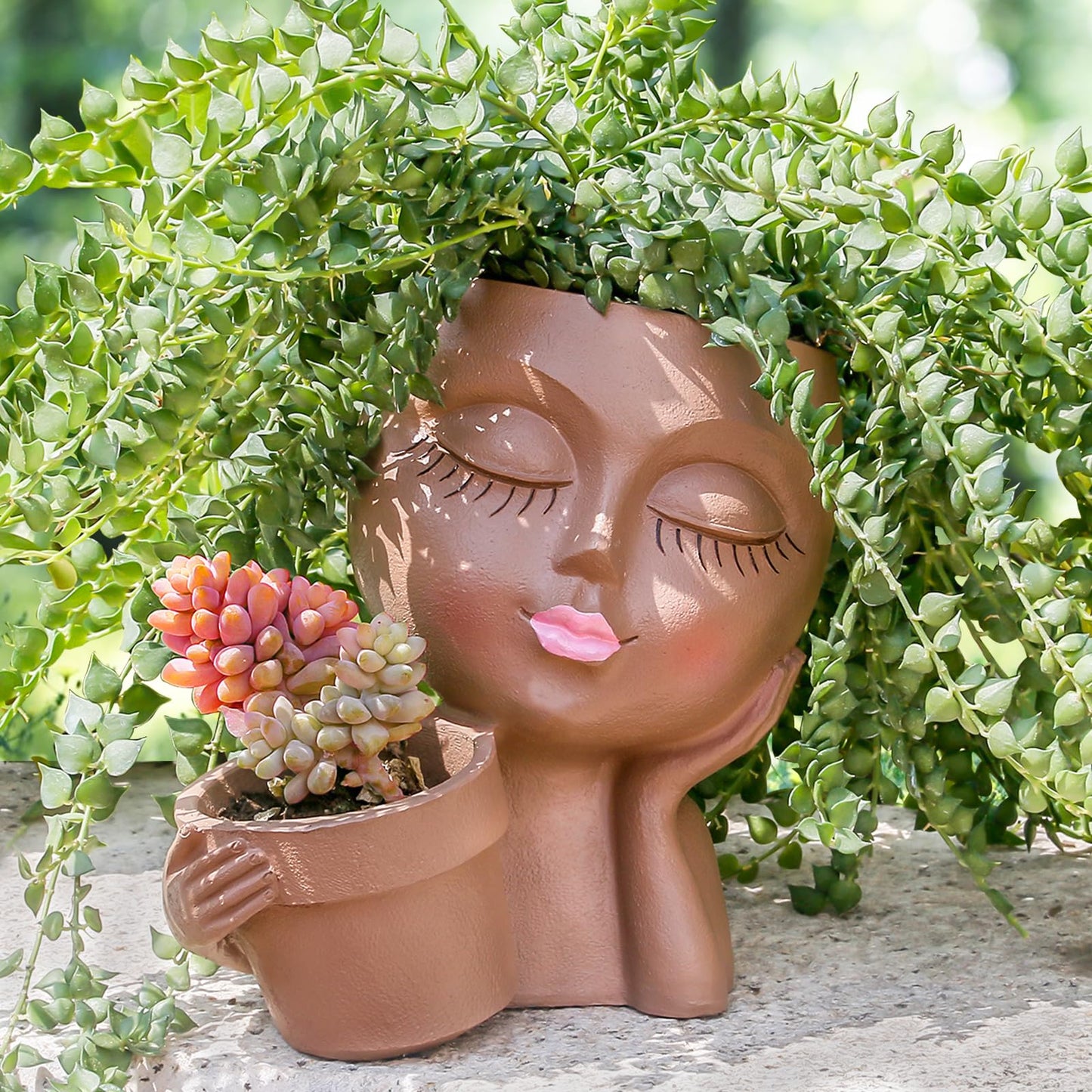 vomiceak Face Planter Pots Head Planters for Indoor Outdoor Plants - Double Plant Pots for Flower Succulent with Drainage Holes - Gift Ideas for Mother (Black Lady)
