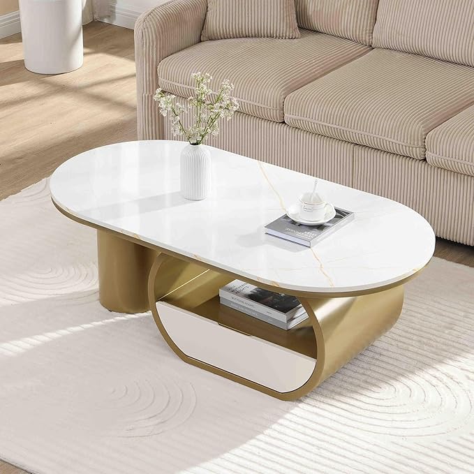 Modern Oval Coffee Table, 47.24" White Faux Marble Coffee Table