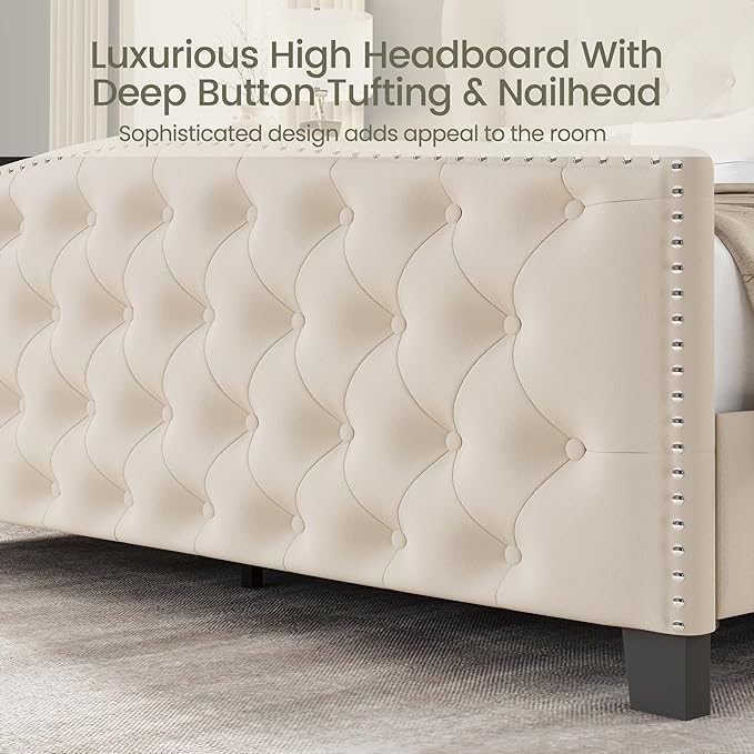 LARMACE Queen Size Bed Frame Velvet Upholstered Platform Bed