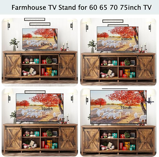 70" Farmhouse TV Stands for 70 75 80inch TV w/Adjustable Shelves, Sliding Barn