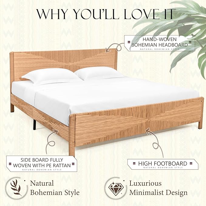 Yechen Hand-Woven PE Rattan King Bed Frame