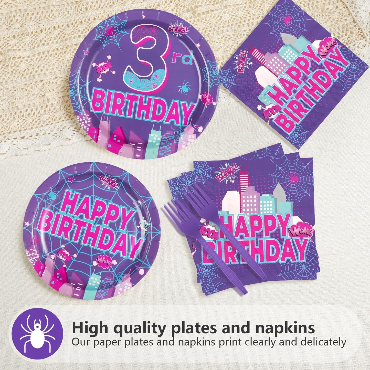 Greencian Purple Spider 3rd Birthday Party Decorations Purple Spider Themed Plates and Napkins Cartoon 3rd Decorations for 3 Years Old Boys Girls Kids Birthday Party Supplies