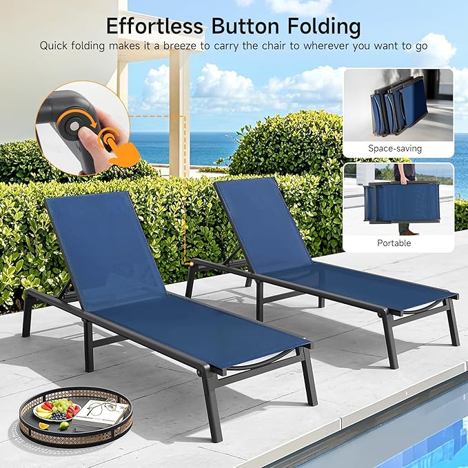 Aluminum Chaise Lounge Chair Outdoor, Foldable & Assembly Free Outdoor Lounge