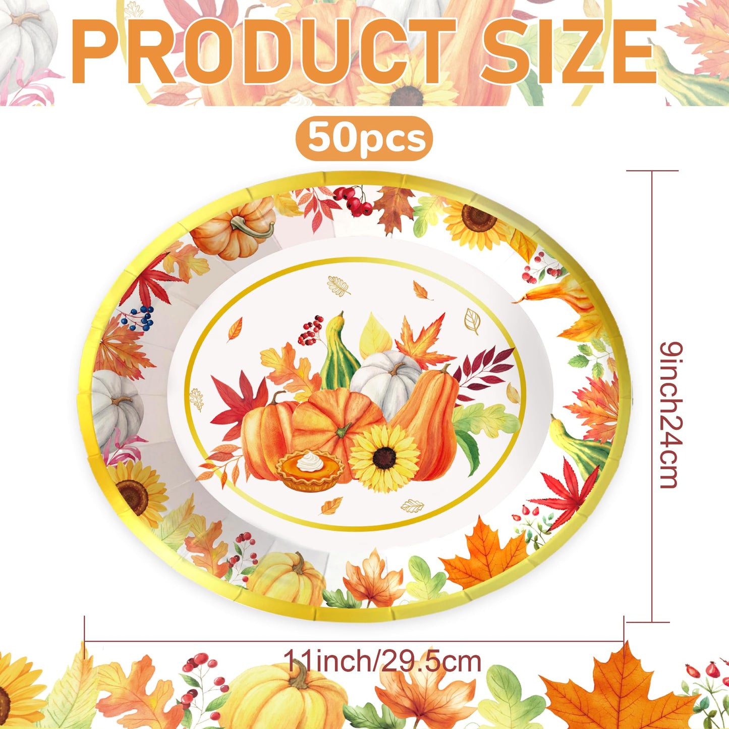 50PCS Autumn Harvest Party Plates Fall Pumpkin Themd Oval Plates Thanksgiving Maple Leaf Disposable Dinner Plates for Fall Gathering Party Decorations Holiday Festive Serving Trays and Platters