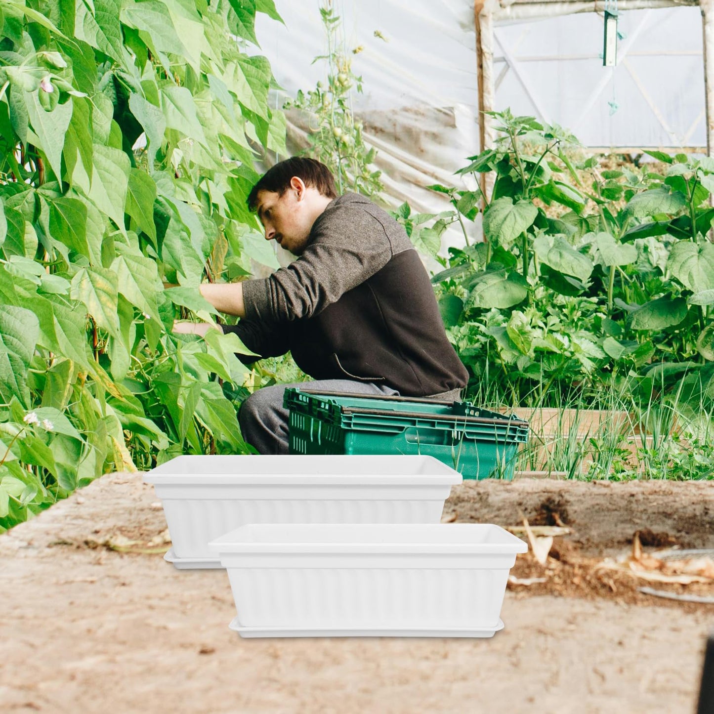 POPETPOP Window Box Planter: 2pcs Plastic Rectangular Planter Window Flower Pot Plant Pots Vegetable Planters Long Pots for Windowsill Patio Garden, 43x19cm, White