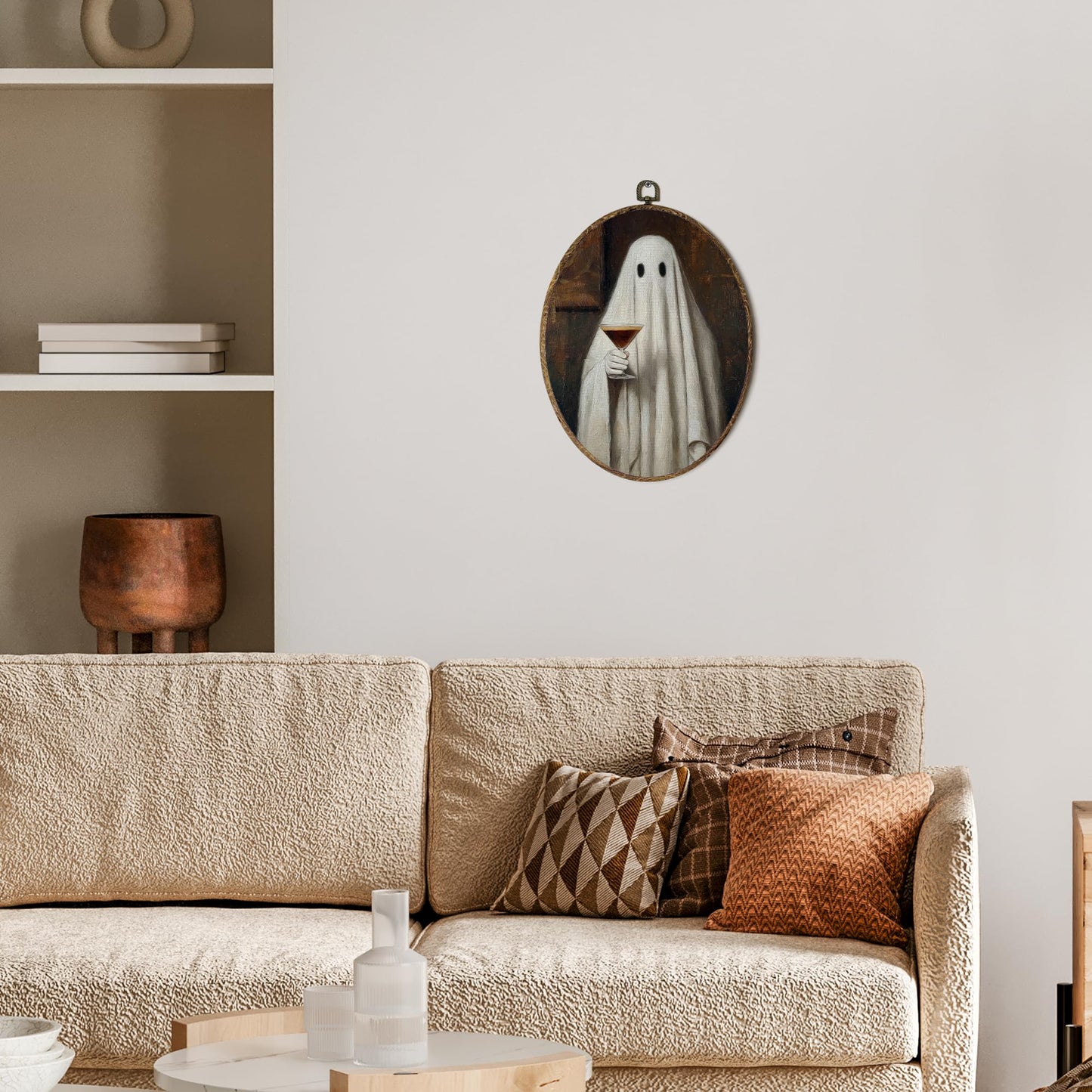 OINDADE Halloween Ghost Espresso Martini Oval Wall Art Decor, Fall Spooky Ghost Bar Wall Art Hanging Decor, Halloween Fall Cocktail Framed Canvas Artwork for Home Bar Kitchen Living Room, 8.8x11.5in
