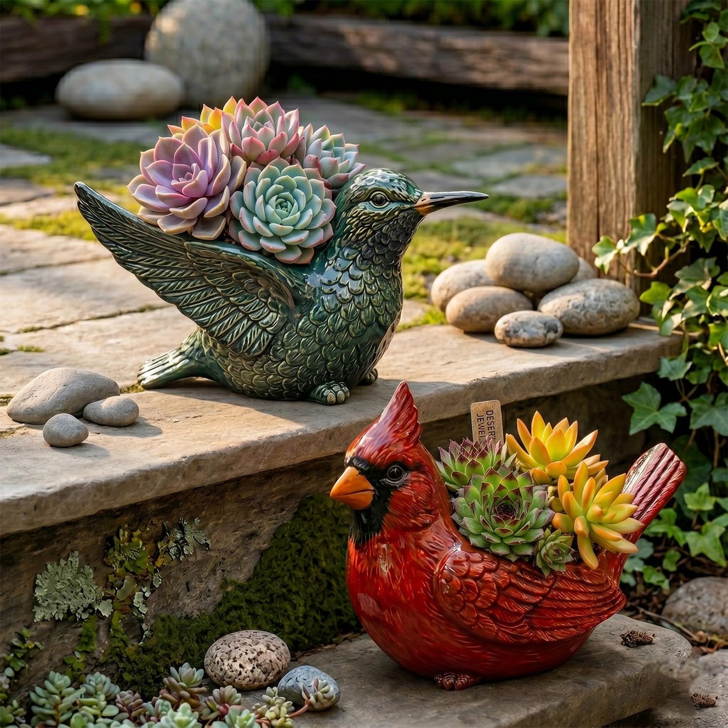 Cardinal Bird Succulent Planter,Resin Decorative Flower Pots for Indoor Outdoor Plants,Cute Animal Plant Pot,with Drainage Hole,Unique Garden Windowsill Desk Decor Gift for Bird Lovers (Green)