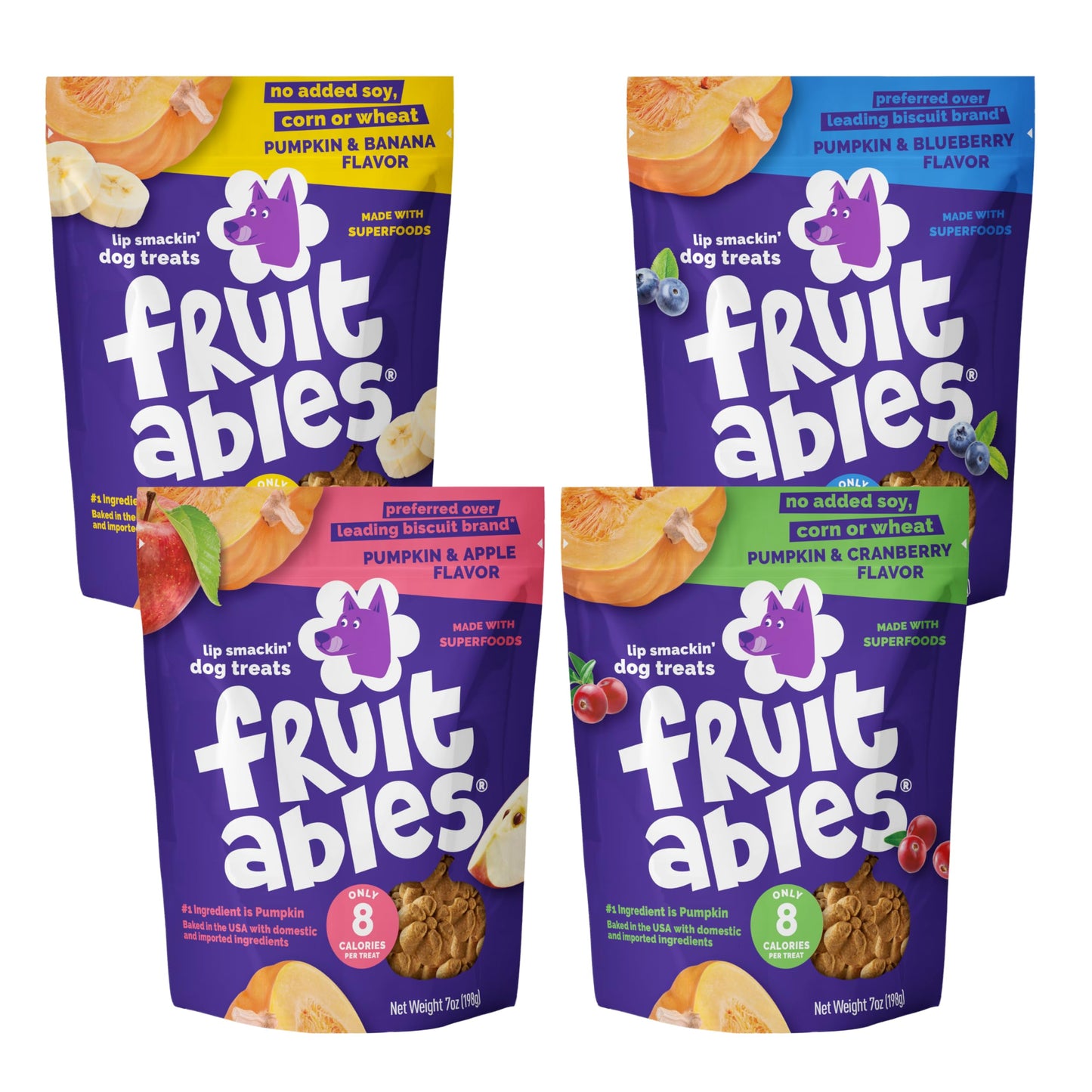 Fruitables Baked Dog Treats - Pumpkin Treats for Dogs - Healthy Low Calorie - Free of Wheat, Corn and Soy - 7 oz (Variety Pack of 4)