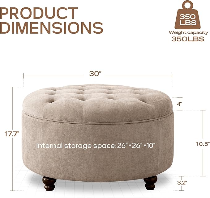 HUIMO 30-Inch Round Storage Ottoman, Modern Button Tufted Coffee Table