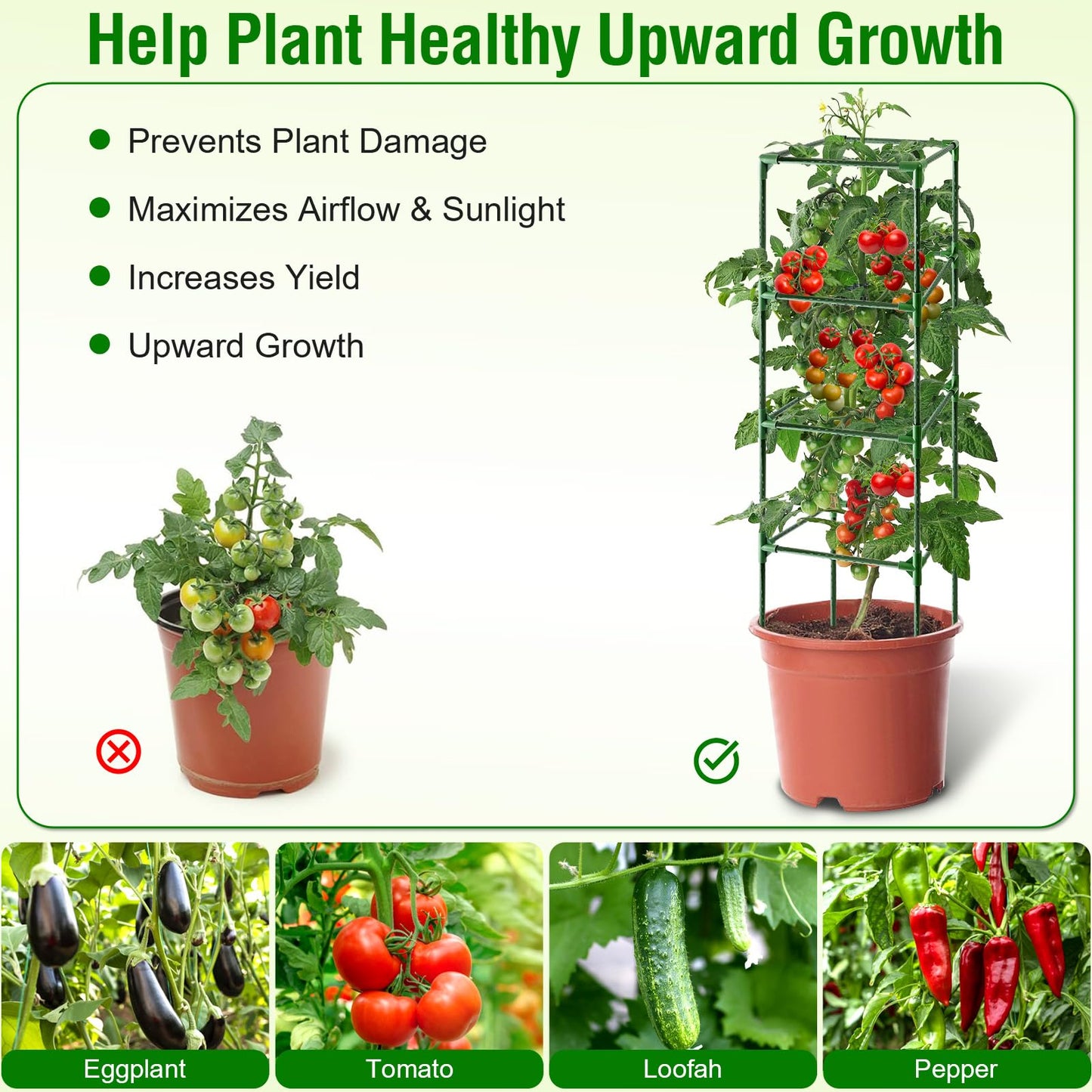 Fabulas Tomato Cage, Square Tomato Trellis Plant Support Stake Cages for Garden and Pots Tall Up to 63 Inch Adjustable Cucumber Trellis for Raised Bed Outdoor Climbing Plants Vegetables Flower, 3 Pack