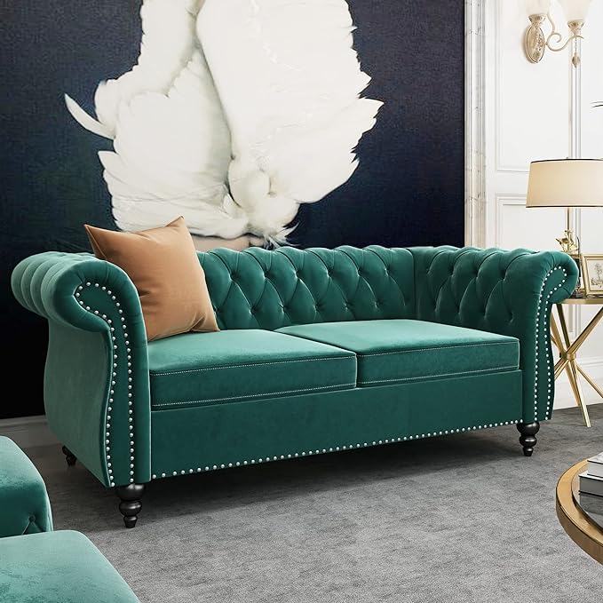 2 Piece Living Room Set, Velvet Chesterfield Sofa Loveseat Couch Chair