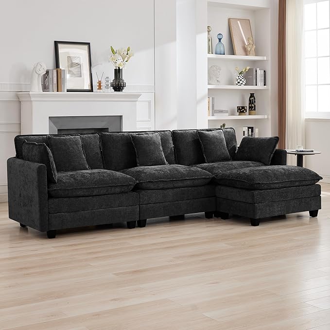 111'' Sectional Cloud Deep Seat Couch, Modern Comfy Chenille L Shaped Sectional