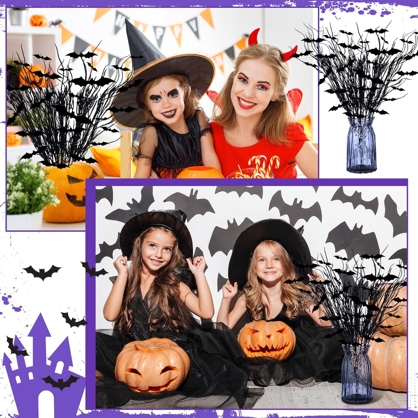 Zeyune 20 Pcs Halloween Black Artificial Branches Floral Picks Vase Filler 17.72 Inch Artificial Curly Willow and 3D Bats Wall Decals Sticker Decor Tree Glittery Flowers for Gothic Home
