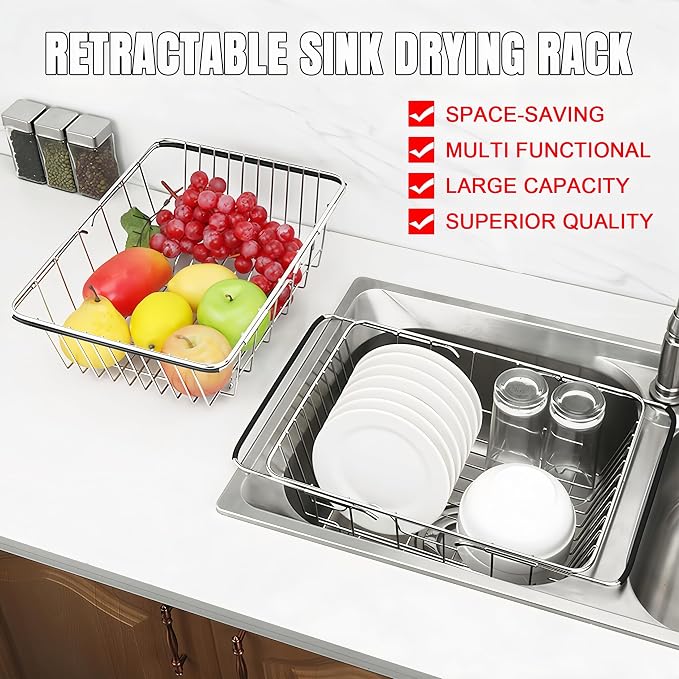 Expandable Dish Drying Rack, Rustproof Stainless Over Sink Dish Drainer Rack Basket Shelf, 304 Stainless Steel Metal Dish Drainer in Sink or On Counter Organizer Dish Dryer Rack for Inside Sink