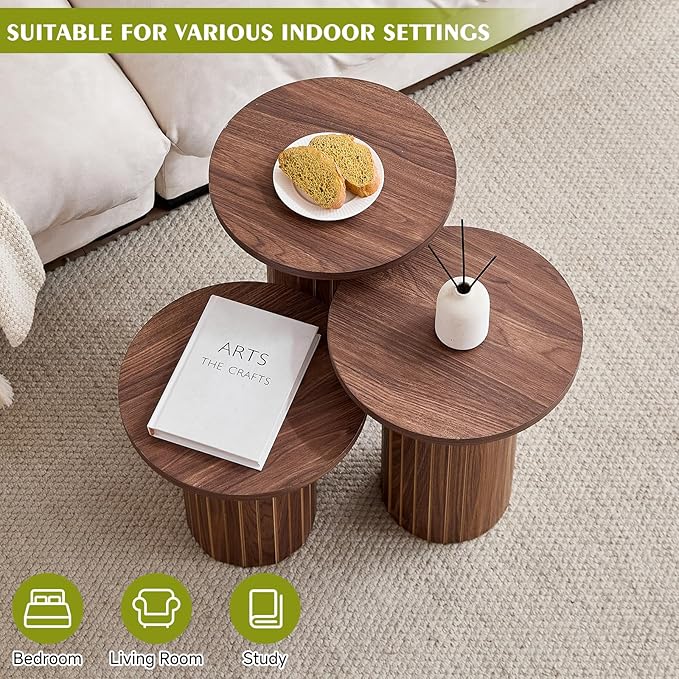 Round Side Tables Set of 3, Circle Modern Fluted Nesting Coffee Table, Accent