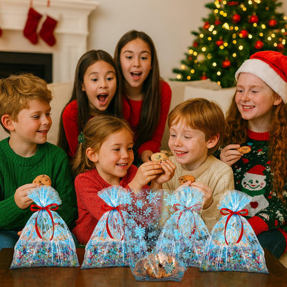 Meanplan 50 Pcs Winter Snowflakes Cellophane Cookie Tray Bags 15" x 17" Snowflake Cookie Tray Bags with Twist Ties and Red Ribbon Treats Gift Wrap for Winter Holiday Party Favors Supplies