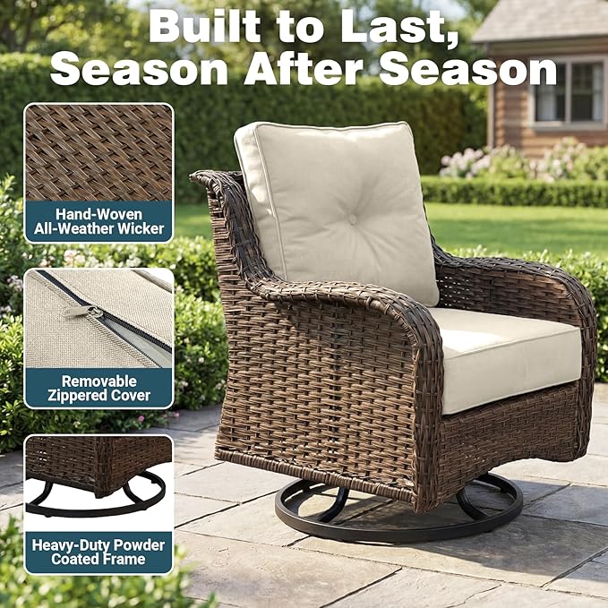 Patio Furniture Set, High Back Rattan Sofa & Swivel Rocker Chairs, Weather
