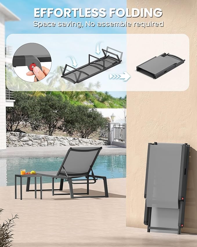 Aluminum Chaise Lounge Chair Outdoor, Foldable& No Assembly Patio Pool Lounge