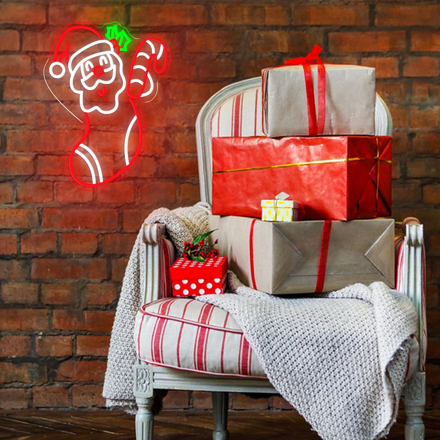 JLEWUINH Merry Christmas Neon Sign Dimmable Santa Claus In Stockings Neon Light USB Powered Holly Led Light up Sign for Christmas Eve Party New Year Home Bar（16.5 * 12.6 In）