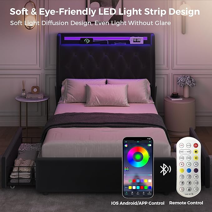 Twin LED Velvet Bed Frame with 2 Storage Drawers&Hidden Headboard, Upholstered
