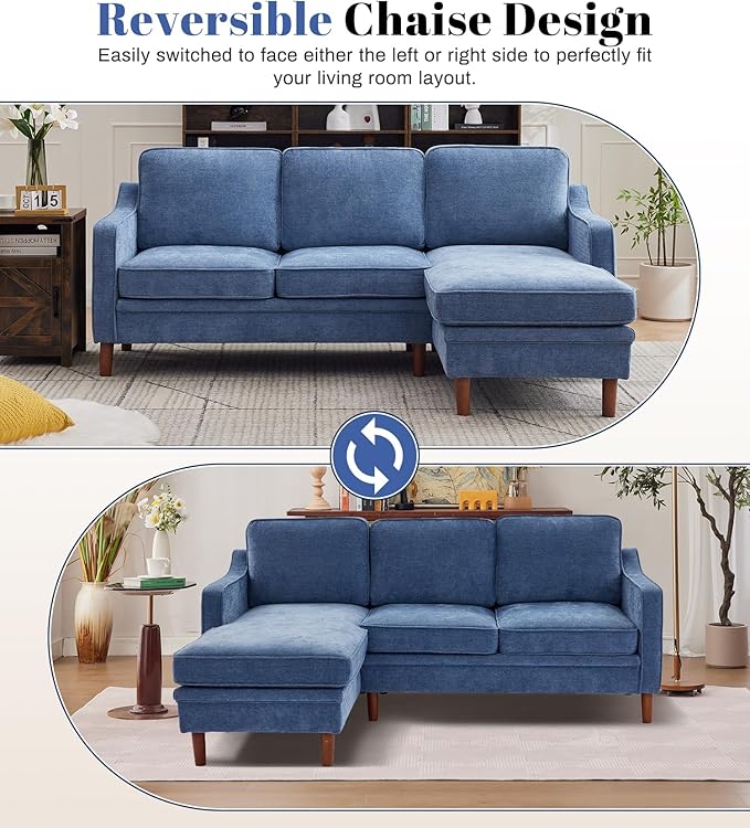 Kingfun 88" L-Shape Sofa, Chenille Sectional Couch, Mid Century Modern Couches