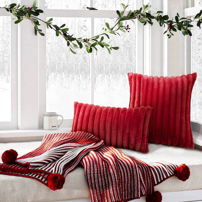 Uhomy Set of 2 Faux Fur Plush Christmas Red Decorative Throw Pillow Covers Fuzzy Striped Soft Pillowcase Cushion Covers for Sofa Couch Bedroom 12x20 inch 30x50 Cm Burgundy Red