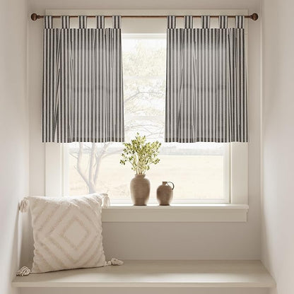 JINCHAN Tab Top Linen Kitchen Curtains 24 Inch Striped Tier Curtains Farmhouse Modern Cafe Style Small Window Treatments Airy Light Filtering Rod Pocket for Living Room Bathroom 2 Panels Charcoal Grey