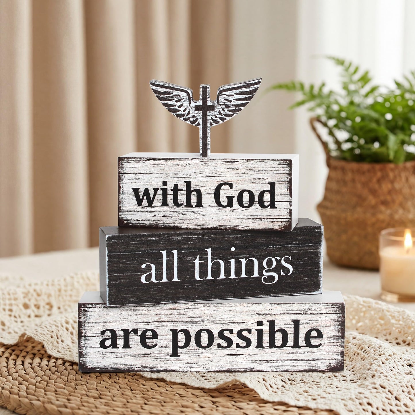 4 Pcs Farmhouse Wooden Tiered Tray Decor, Retro Rustic Bible Christian Table Centerpiece Decorations Gifts for Home Kitchen Mantel Shelf Office