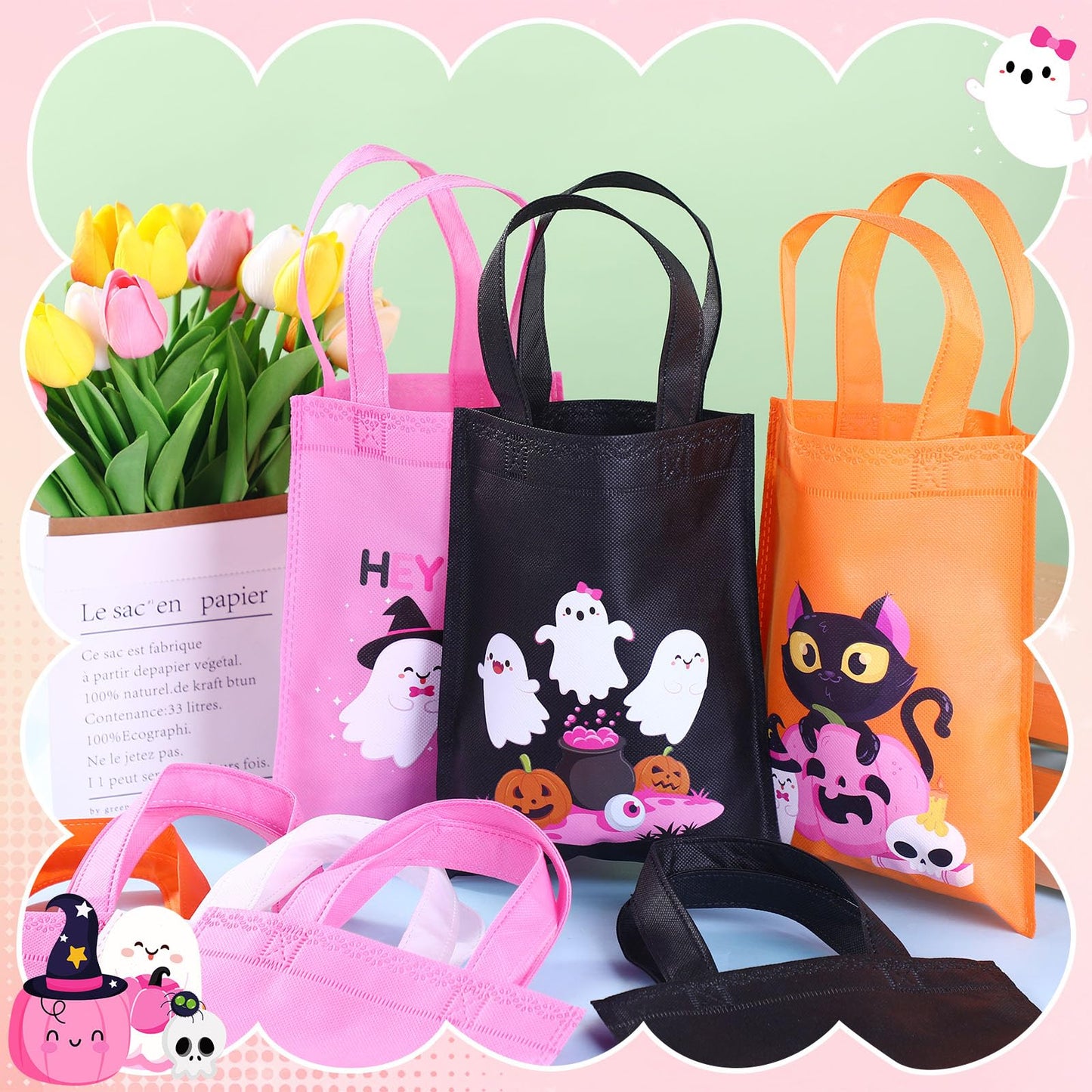 Toulite 24 Pcs Halloween Non Woven Bags with Handle Bulk Reusable Holiday Gifts Bags Ghost Pumpkin Spider Goodies Treat Candy Tote Pouch for Halloween Party Favors Wrapping Supplies, 7.9 x 9.8 Inch