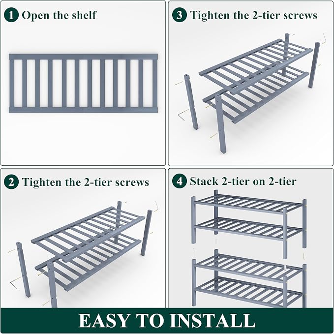 Smiry Bamboo Shoe Rack, 4 Tier Free Standing Wooden Shoe Organizer, Stackable Wood Shoe Storage Shelf for Closet, Entryway, 14 Vertical Slats, 2+2 Stack Heavy-Duty Legs, 26.8"x11"x26", Grey