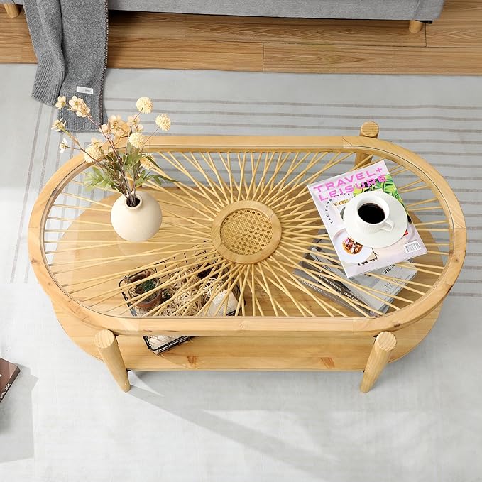 RUSTOWN Rattan Coffee Tables, 2-Tier Oval Boho Cocktail Tables, Mid Century