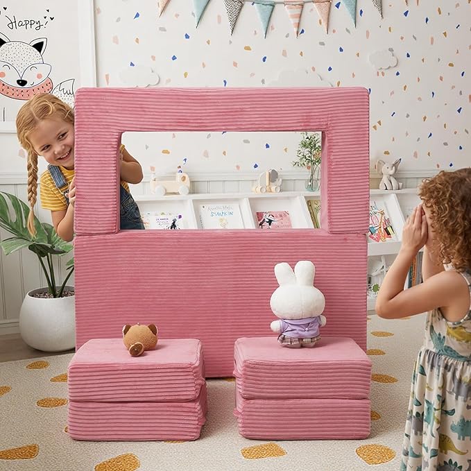 MeMoreCool Pink Corduroy Kids Play Couch, Modular Toddler Couch