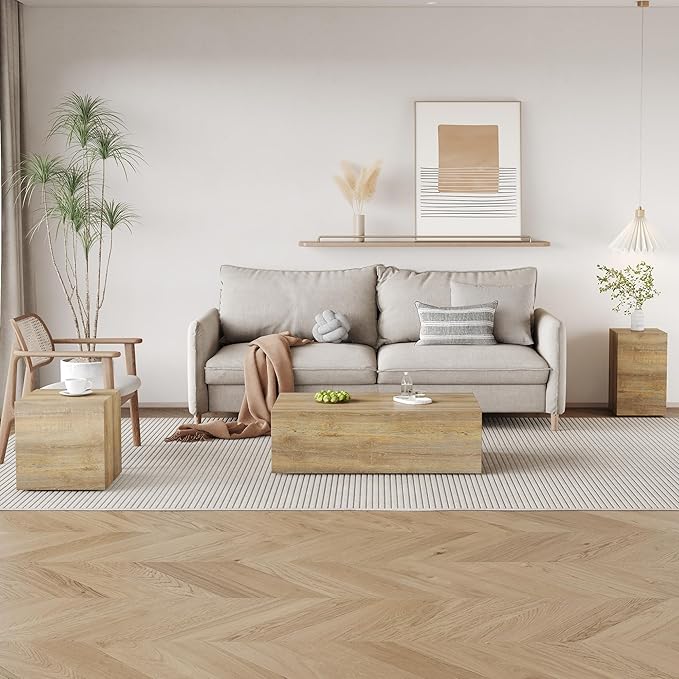 Coffee Table Set for 3, Living Room Table Set, Wood Coffee Table and Side Table