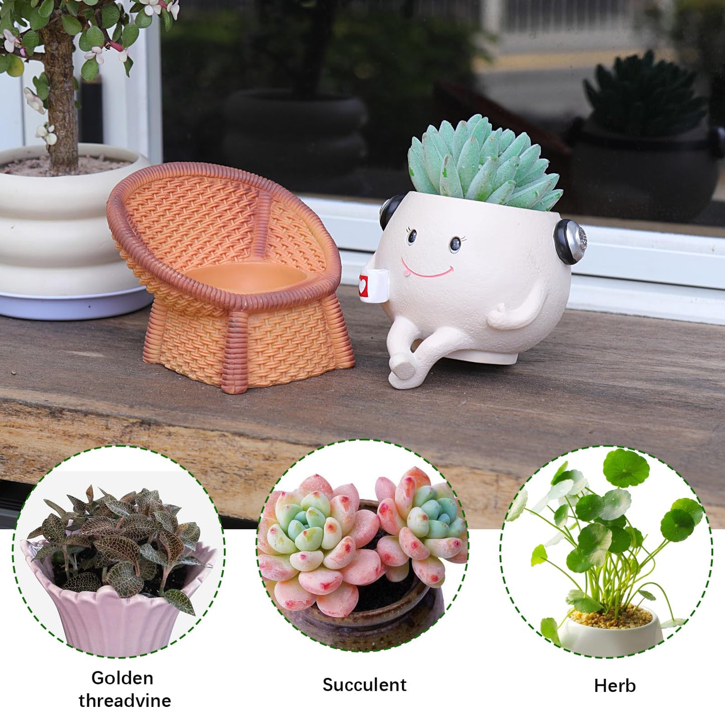 Self Watering Planter Pot Cute Resin Flower Head Planters for Indoor Outdoor Handmade Smily Face Pot Unique Cane Chair Succulent Pots with Drainage Gift Ideal for Mother and Appreciation Christmas
