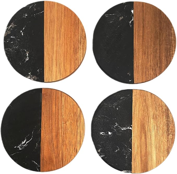 I-LAN 4-Pack Black Marble and Acacia Wood Coasters, 4-Inch Round Modern Drink