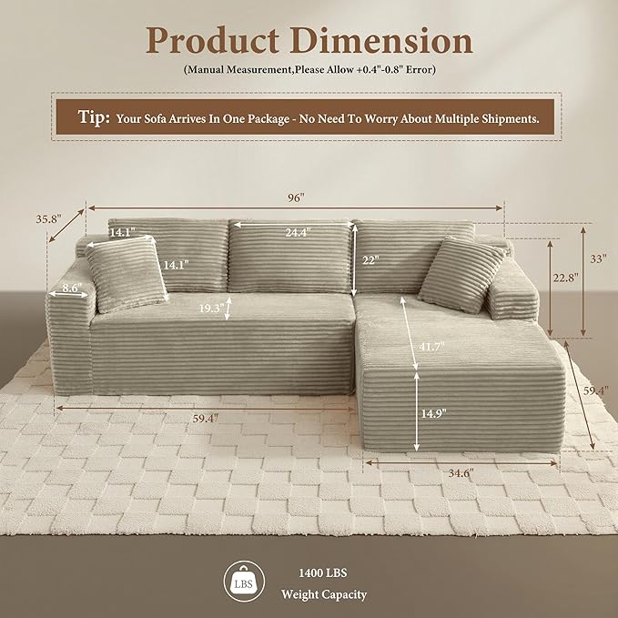 96" Sectional Couches for Living Room Cloud Couch Sofa