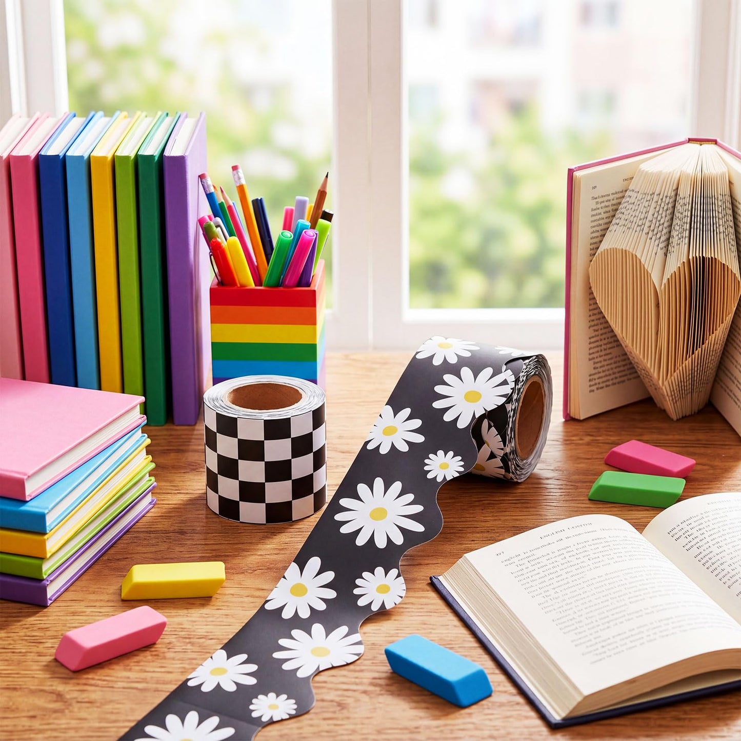 Trandraft 2 Rolls 65.6ft Daisy Checkered Bulletin Board Borders Decoration Black and White Checkerboard Board Borders Strips Summer Daisy Classroom Decor for Back to School Classroom Offices Party