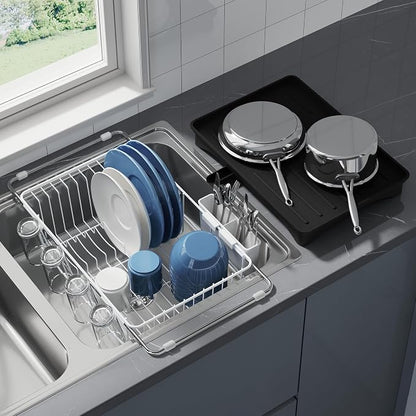 JASIWAY Dish Drying Rack in Sink, Expandable Stainless Steel Dish Drainers with Drainboard for Kitchen Counter, Space Saving Dish Dryer Rack, Over The Sink Dish Racks with Utensil Holder & Cups Holder