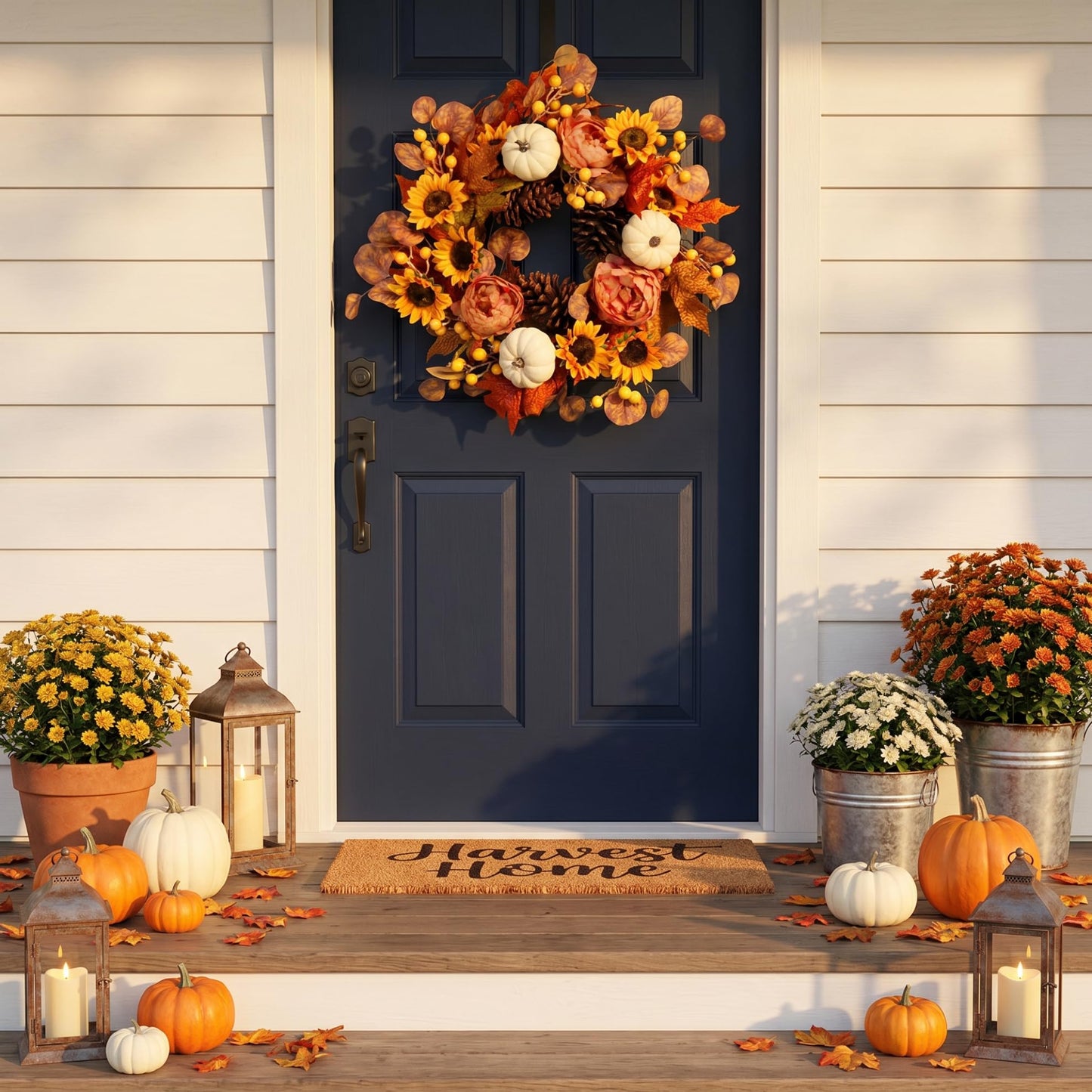 Artificial Fall Autumn Wreath 22 in with Sunflower,Peony,Pumpkin, Eucalyptus Leaf for Front Door Thanksgiving Wreaths Wall Window Harvest Festival Celebration