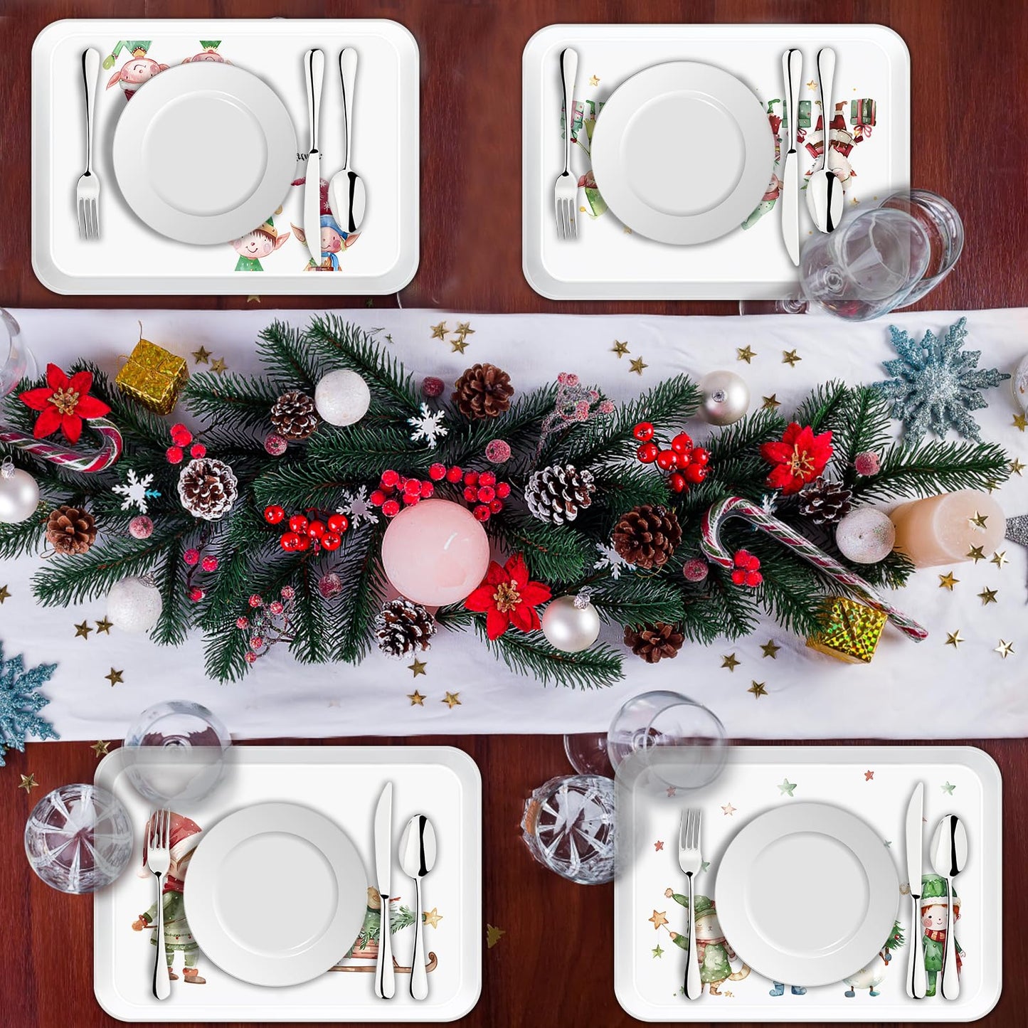 Jrusmr 4-Piece Christmas Serving Tray Set, 15 x 11 Inch Reusable Melamine Platters with Festive Elf Cartoon Designs, Rectangular Holiday Trays for Snacks, Fruits, Desserts & Candy