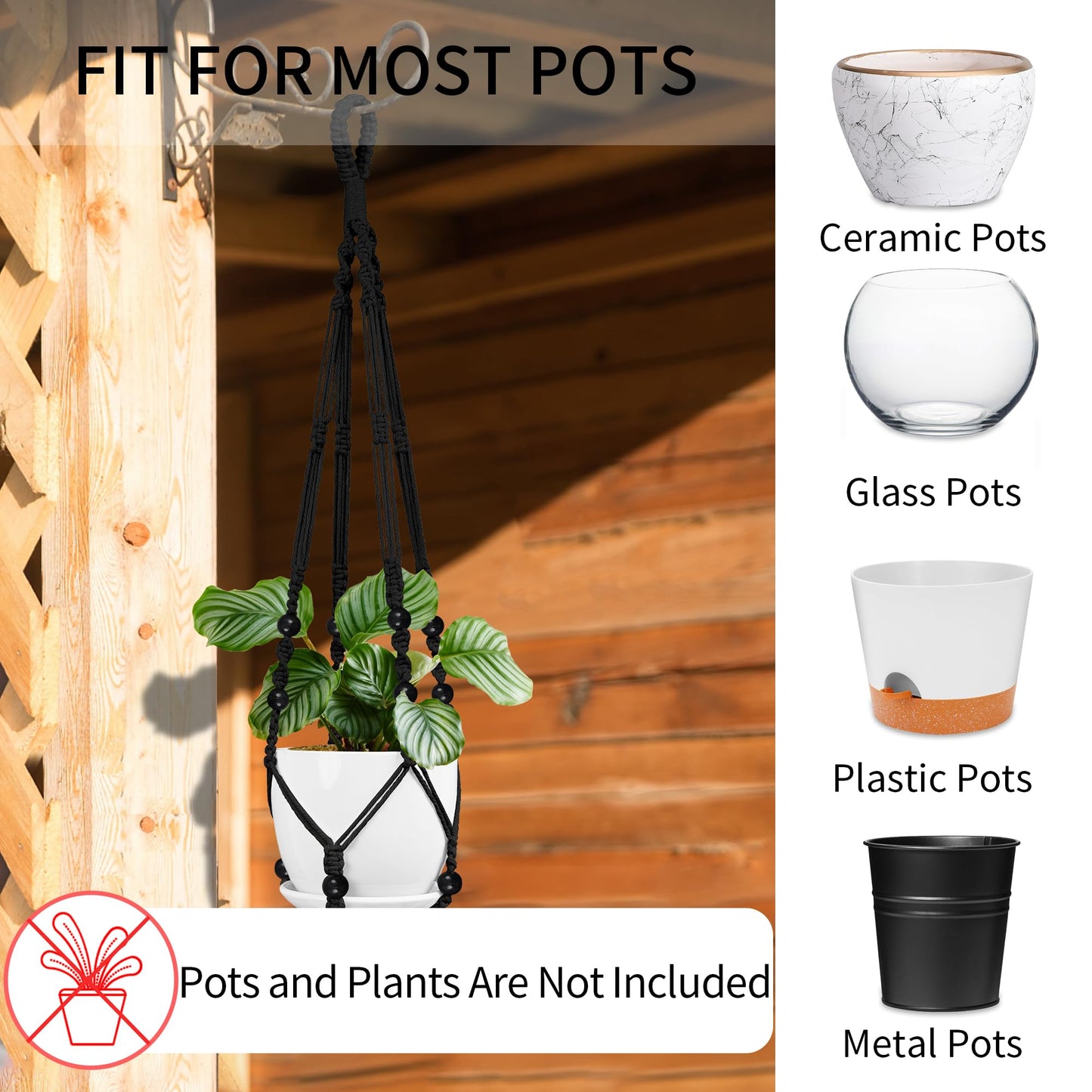IDEEEPAN Macrame Plant Hanger - Fits 4 to 15 inches Pots for Indoor Outdoor, 43"/35"/29" Different Sizes Set, Black (POTS NOT Included)